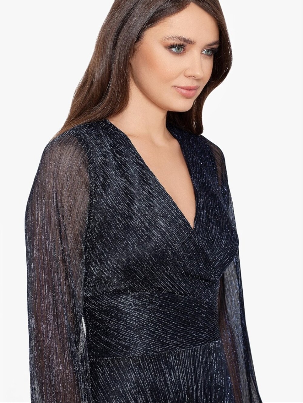 Betsy & Adam Navy Metallic Long Sleeve V-Neck Maxi Dress